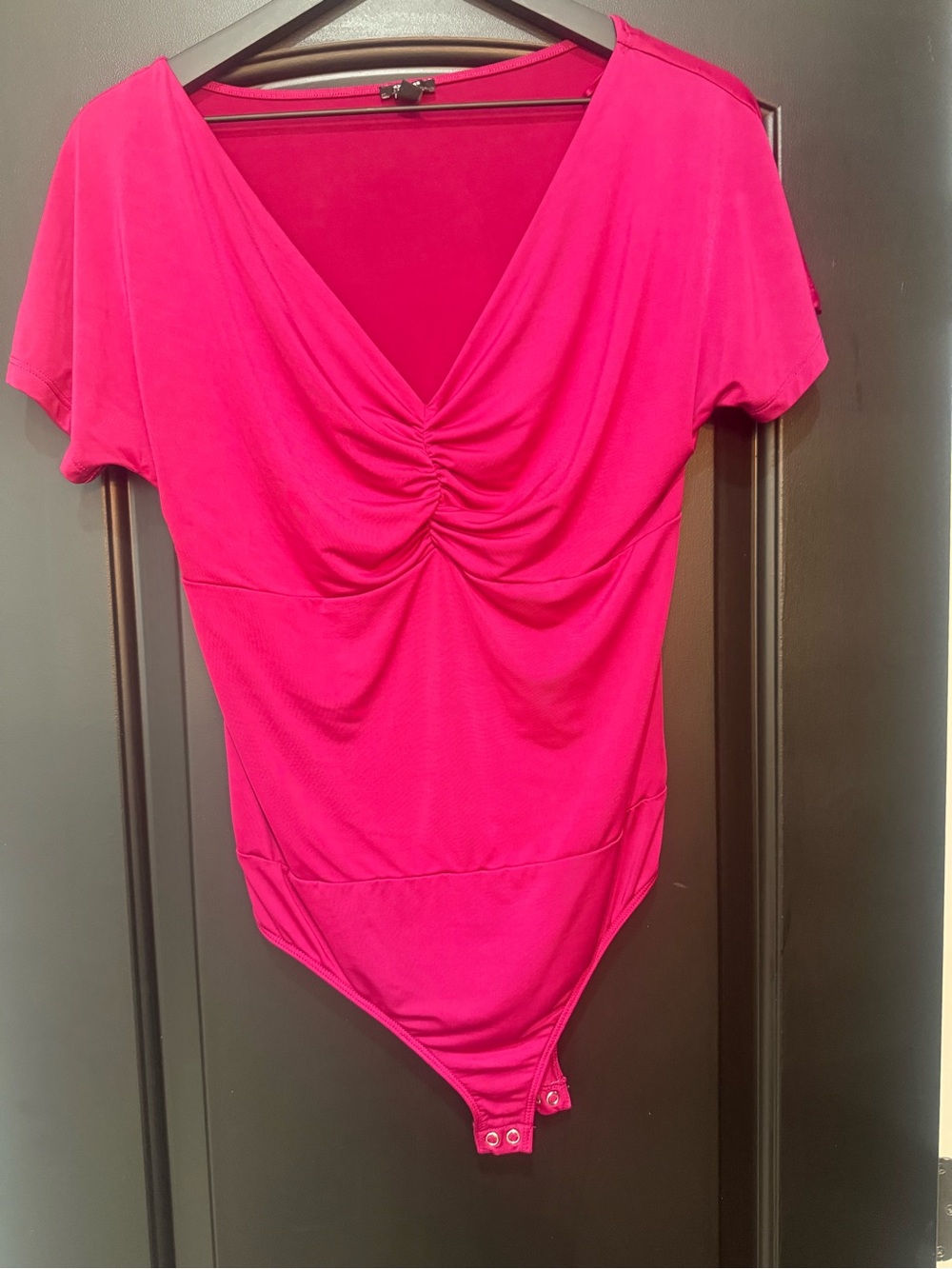 Express Fuchsia Ruched V-Neck Bodysuit